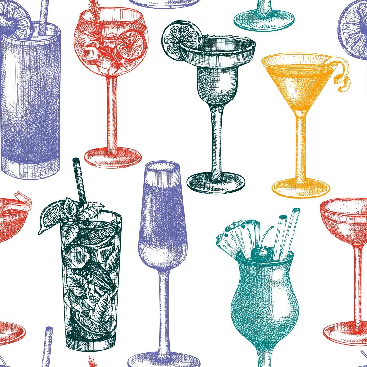 Alcoholic cocktails seamless pattern. Hand-sketched alcoholic drinks glasses background. Popular cocktails backdrop for bar or restaurant menu isolated on white. Vintage style beverages design Illustration